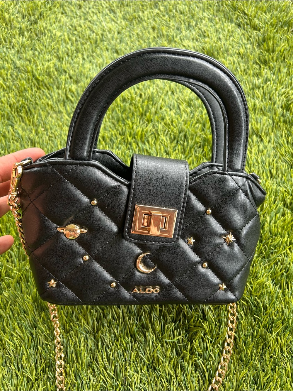 Aldo Black Quilted Mini Bag with Gold Chain and Star Accents